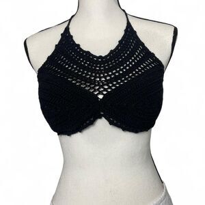 The Bikini Lab Black Crochet High Neck Halter Top Bikini Top Size Medium